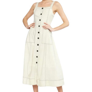 Entro Linen Blend Midi Dress, M-L, Cream Button Front Contrast Stitch Pockets